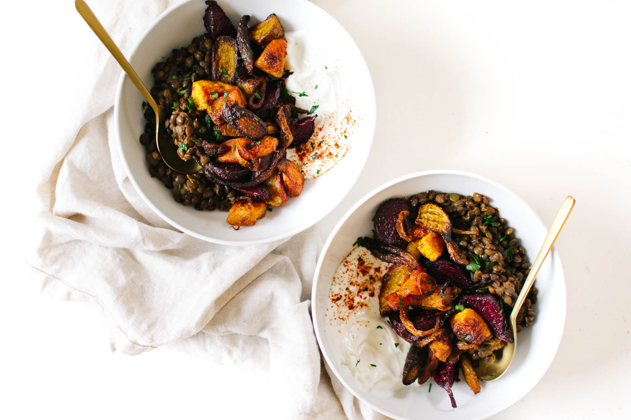 Roasted Root Veggies and Greens over Spiced Lentils