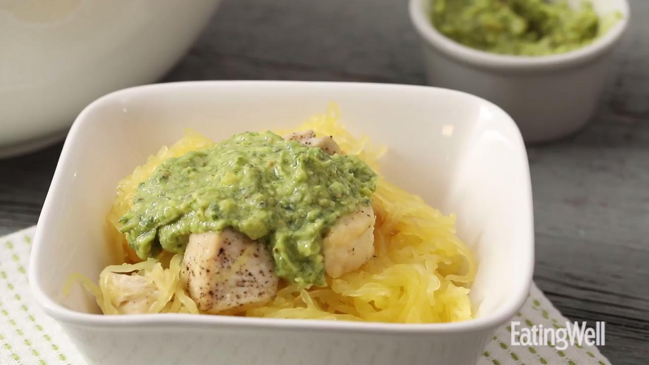 Spaghetti Squash & Chicken with Avocado Pesto